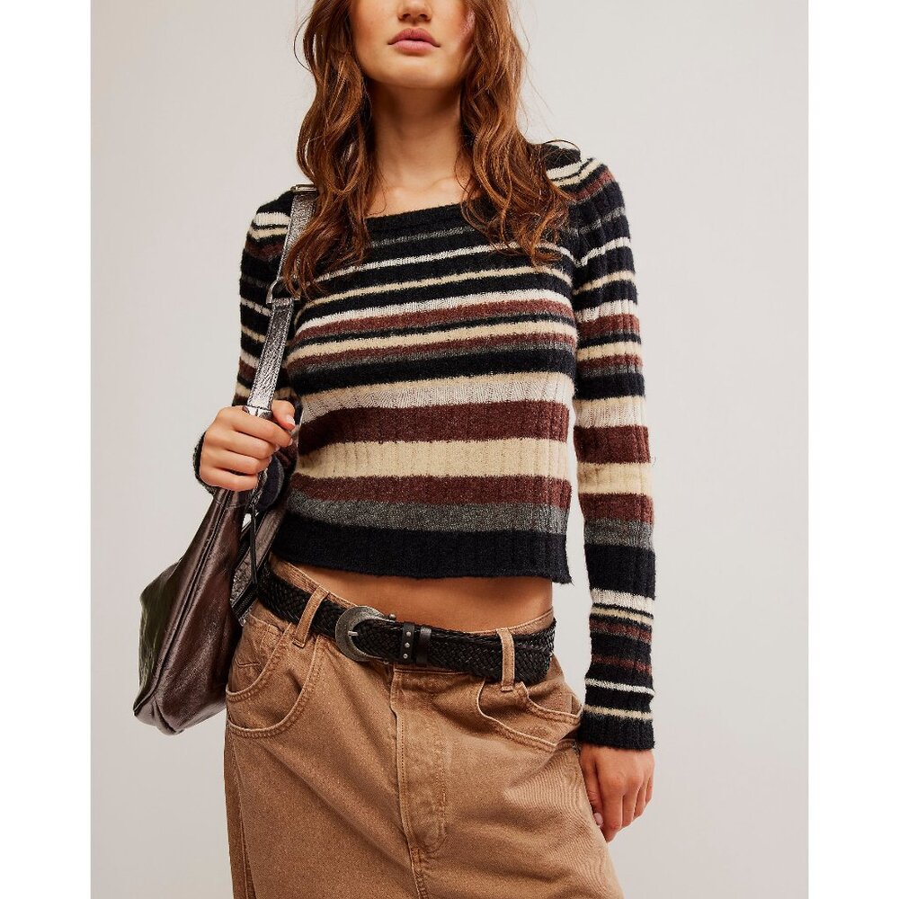 Free People Striped Crew Neck Sweater in Black, Brown, Cream